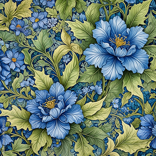 Blue flowers with leafy green background. A serene botanical pattern