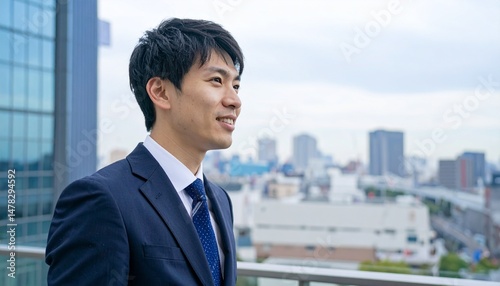 屋上から都会の景色を眺めるビジネスマン
