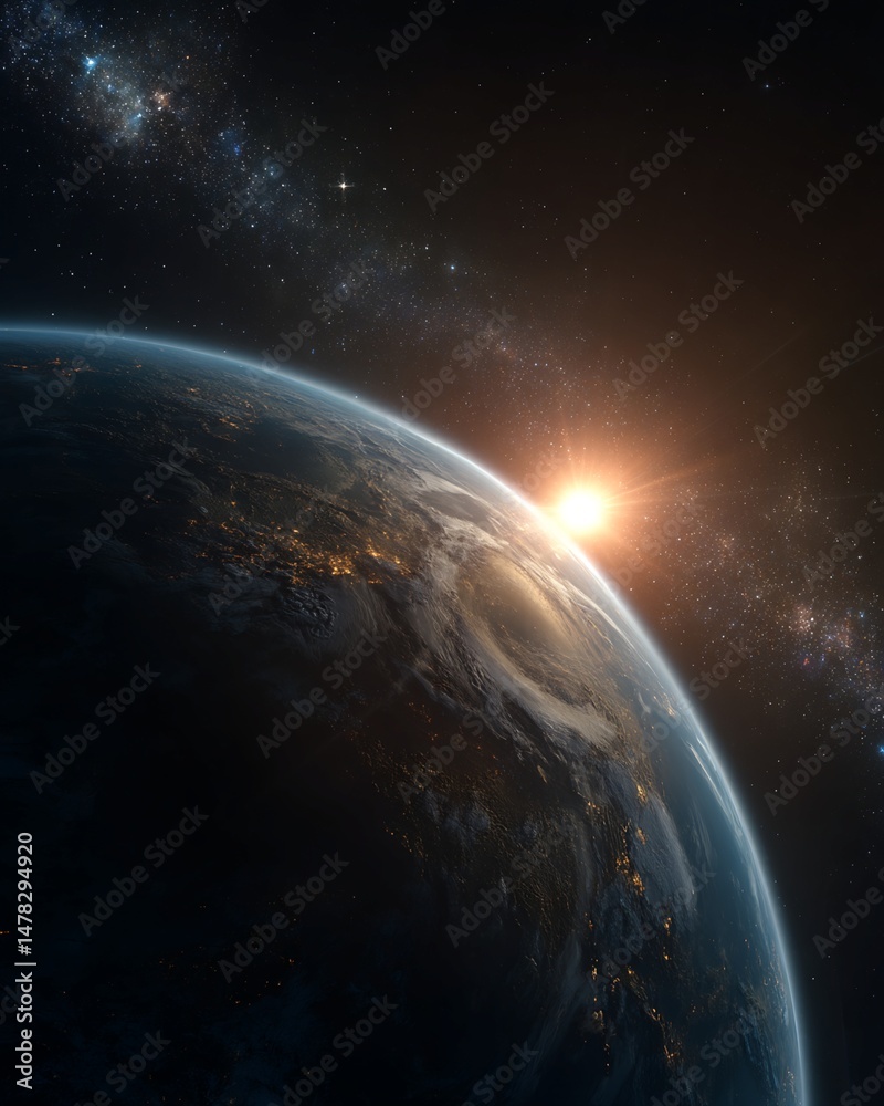 Naklejka premium Earthrise with City Lights and Milky Way Galaxy