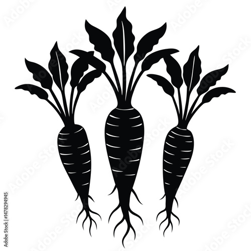 Three Stylized Carrots with Roots and Leaves in Black Silhouette Style Art