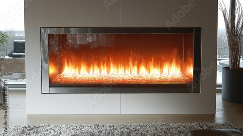 Modern electric fireplace with glowing flames and ambient room lighting