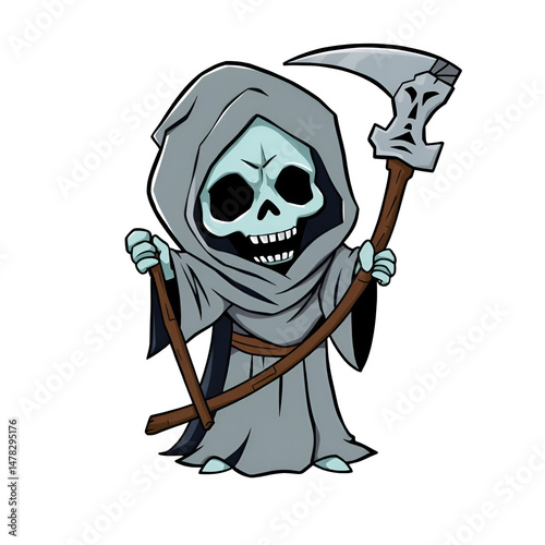 Cute cartoon grim reaper with scythe isolated on white