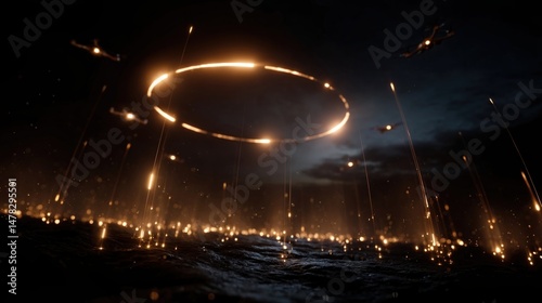 Obraz na płótnie A dramatic scene of drones swirling around a central point like fireflies in the night with glowing sparks of light shooting from a virtual interface portraying the concept of collective w salonie