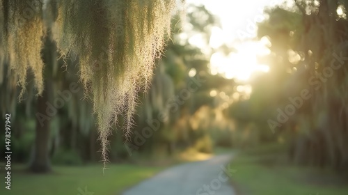 Golden Hour Spanish Moss Hanging on Trees Path Sunlight
