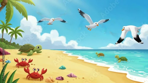 Cartoon beach scene with turtles, crabs, and seagulls under a blue sky  