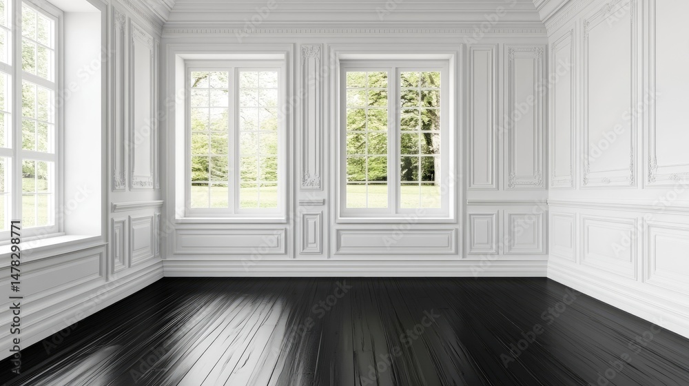 Fototapeta premium Elegant empty room with classic white molding and dark wood flooring.