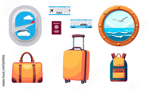 A colorful vector illustration of travel essentials, including luggage, tickets, passport, and transportation views from a plane and cruise ship. Perfect for vacation and tourism design projects. 