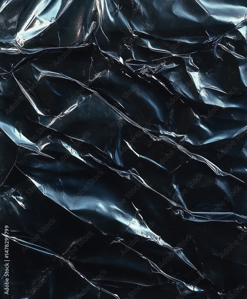 Obraz premium Close-up of shiny black crumpled plastic with reflective highlights and textured folds creating abstract pattern