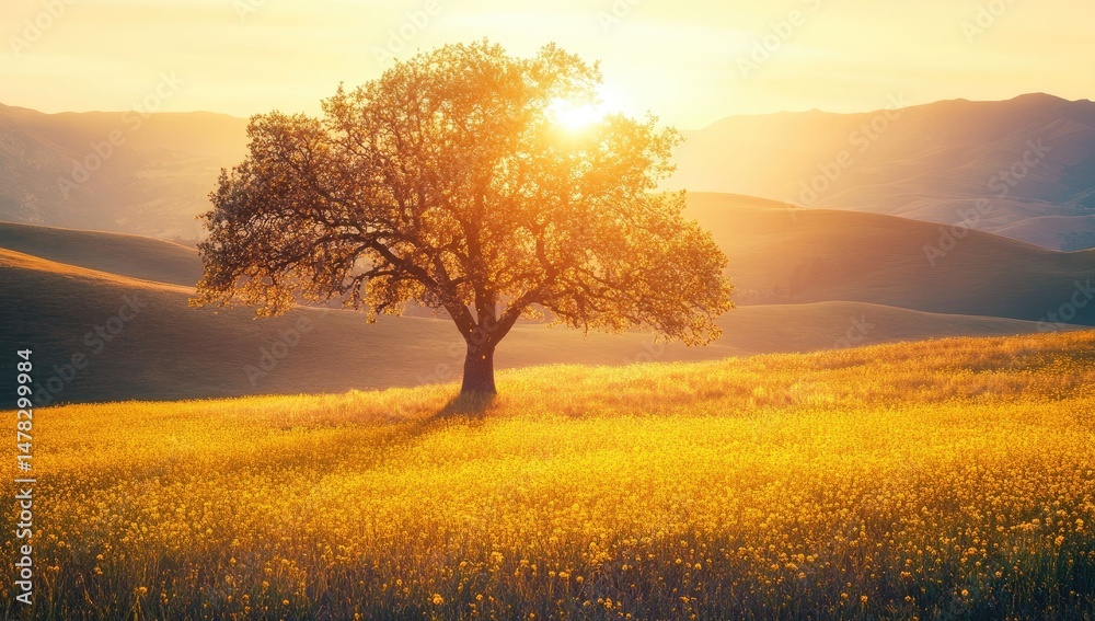 Obraz premium Golden hour, solitary tree in a vibrant field