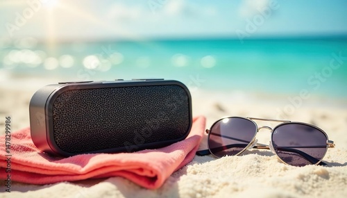 Portable Bluetooth speaker on a sunny beach, next to sunglasses and a towel , fun, towel