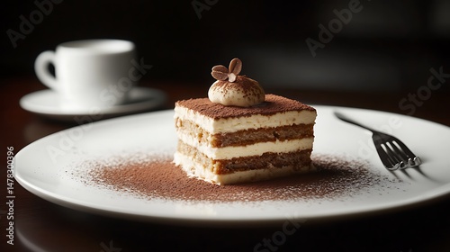 A slice of tiramisu dessert served with a cup of coffee