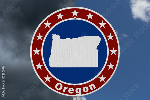 Oregon map with stars on a US red, white and blue road sign