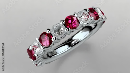 Elegant silver ring featuring alternating rubies and diamonds on a clean backdrop