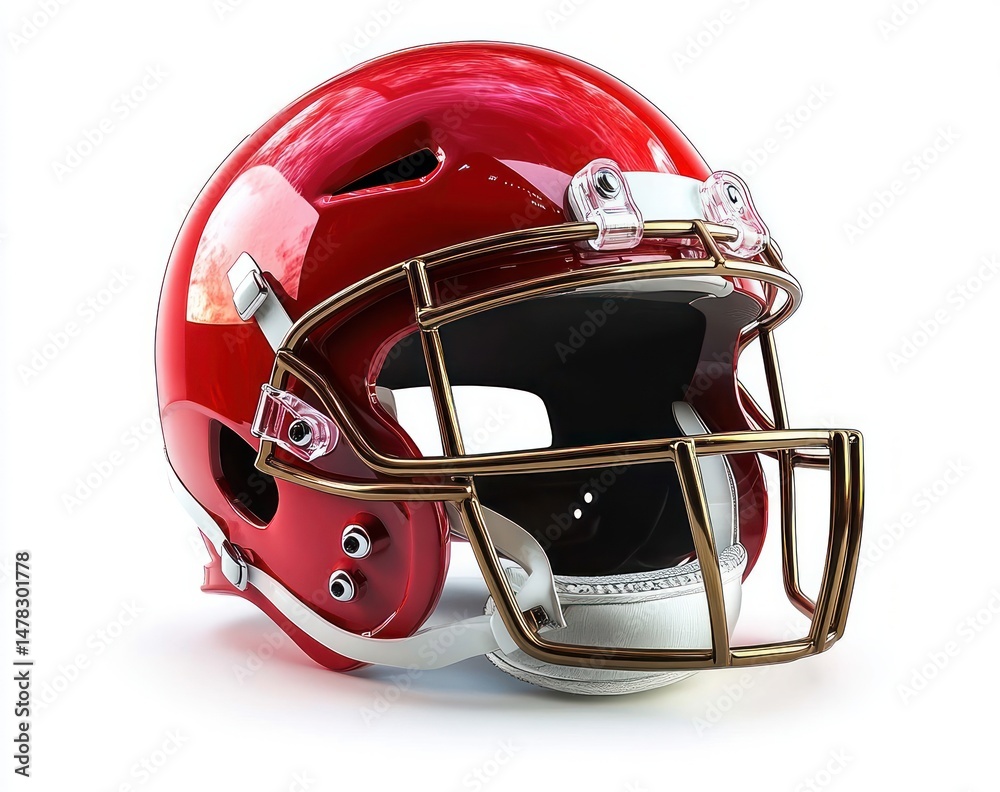 Fototapeta premium Shiny red American football helmet with gold faceguard and white chinstrap on a white background