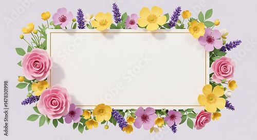 Floral Frame with Roses and Lavender for Invitation or Greeting Card
