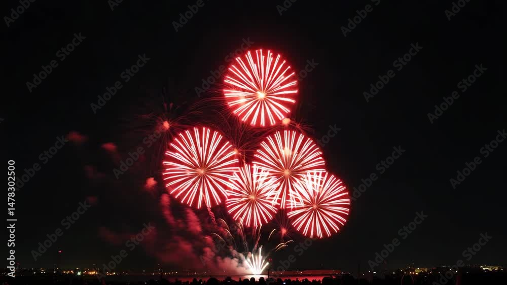Vibrant red fireworks bursting in the night sky over the city  