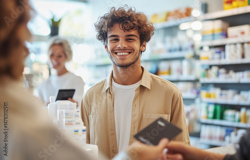 Young Man in Beige Shirt Smiling with Credit Card