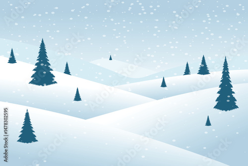 Winter snow landscape,  with snowflakes falling from sky. Christmas winter scenery of cold weather.