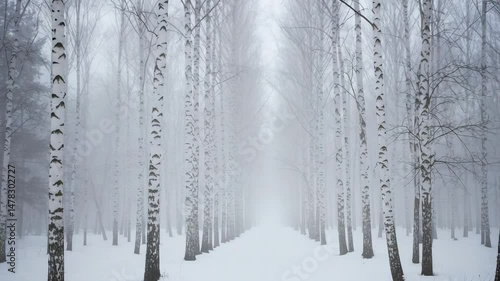 Snowy birch tree pathway in foggy winter landscape  