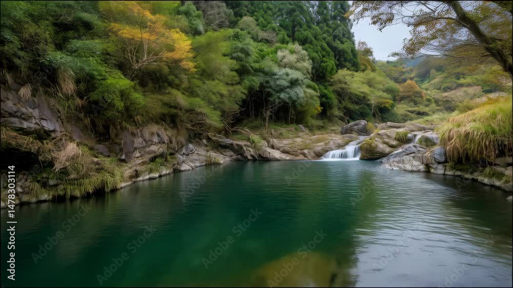 Serene mountain landscape view of a calm lake reflecting rocky riverbed and surrounding lush green forest during daytime under cloudy sky. Serene mountain landscape view of a calm lake reflecting rocky riverbed and surrounding lush green forest during daytime under cloudy sky.