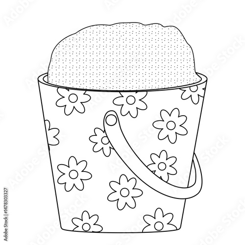 Coloring page with summer outline drawing of child sand bucket decorated with daisies flowers. Children game. For entertaining kids, summertime, beach, and outdoor activity black and white design.