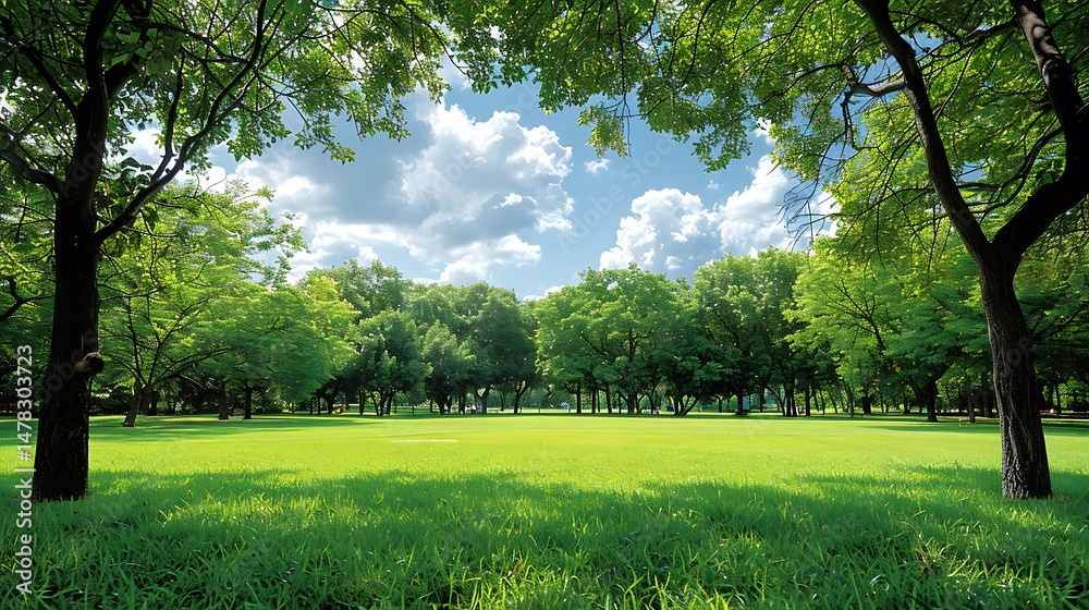 Obraz premium Lush Green Park Scene With Towering Trees Against Blue Sky And Sunlight
