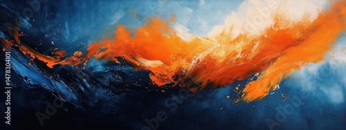 Dynamic abstract painting with vibrant orange and blue swirling strokes creating a sense of fiery motion and deep oceanic contrast