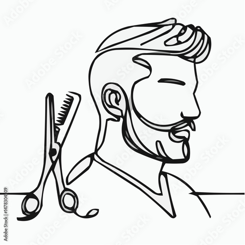 Line art of a barber with scissors next to a man's profile  