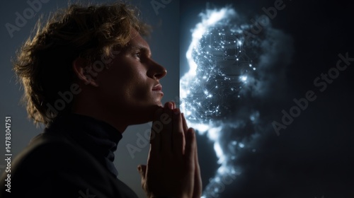 A split image depicting a human on one side looking puzzled at a glowing cloudlike representation of AI algorithms on the other emphasizing the disparity between human understanding