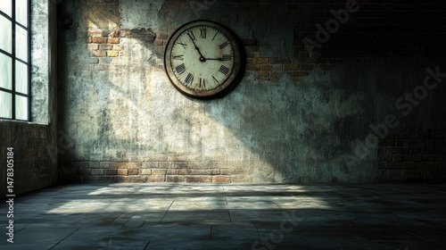 Wallpaper Mural An old clock hangs on a cracked wall in an abandoned room. Dim light reveals peeling paint and decay. The silence and shadows suggest the haunting passage of forgotten time. Generative Ai Torontodigital.ca