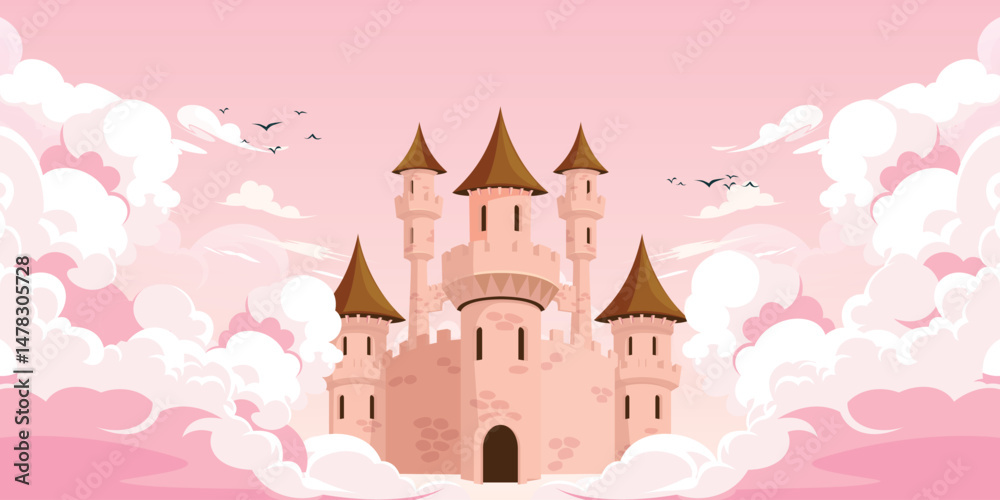 Fototapeta premium Pink castle in clouds. Cartoon magic flying fairy palace for princess. Kingdom home tower in clouds on land in sky. 