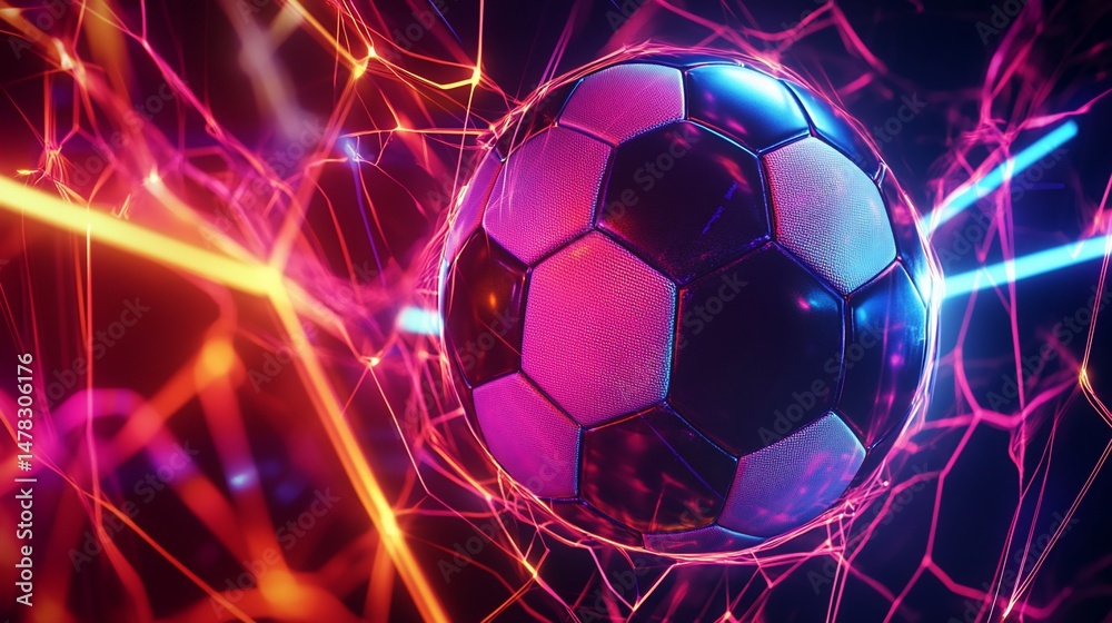 Naklejka premium Abstract glowing soccer ball with dynamic energy lines and vibrant lighting