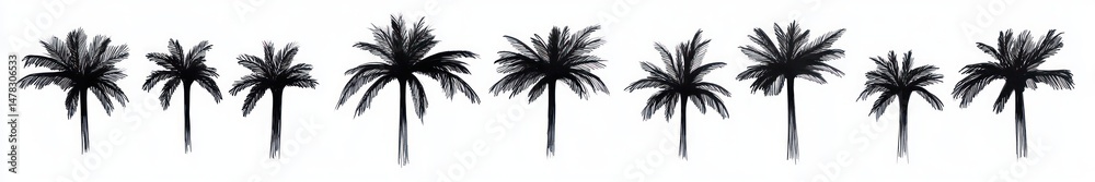 Obraz premium silhouettes of nine tall palm trees with spread fronds in a horizontal row against a white background conveying a calm tropical vibe