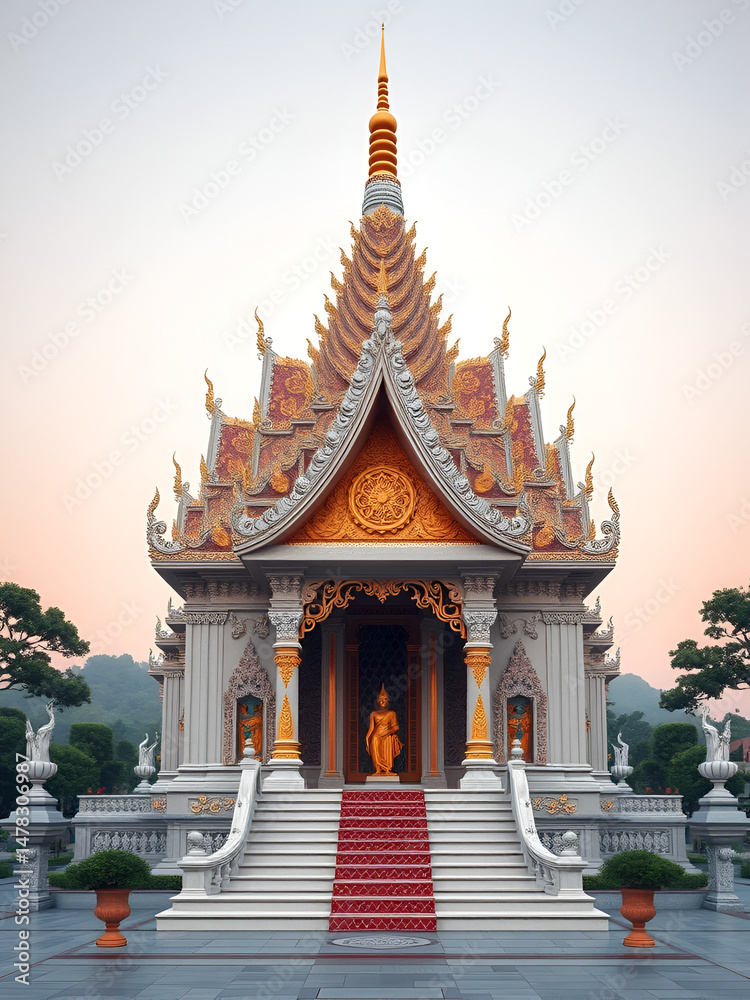 Naklejka premium Refined Vesak temple art design emphasizing formal compositional structure intricate detailing and culturally enriched symbolism rendered in premium high resolution photostock for modern exhibitions i