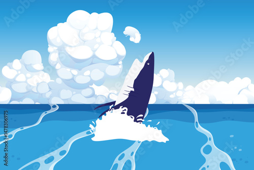 A cartoon illustration of a great white shark with big teeth, leaping out of the water with a smile illustration