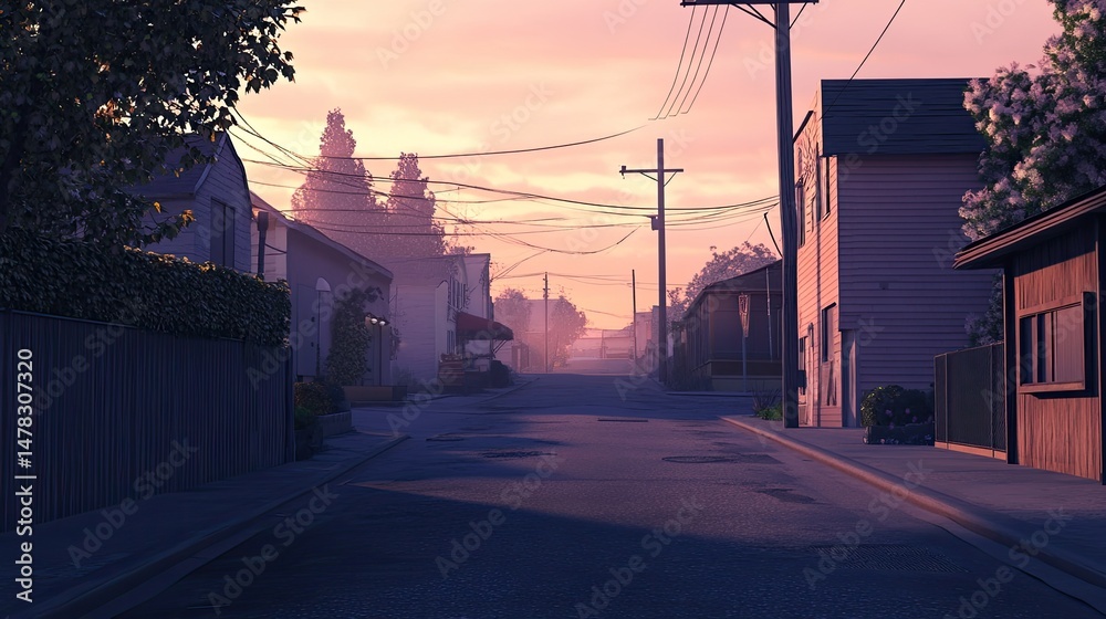 Fototapeta premium Empty street in small town at twilight with vintage buildings, glowing streetlights, and bare trees. Sky is tinged with purple and orange hues, evoking calm and solitude. Generative by AI