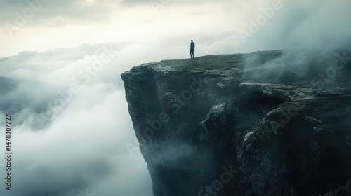 Figure stands at edge of high rocky cliff above clouds, surrounded by mist and pale sky. Scene evokes isolation, power, and introspection in remote landscape. Generative by AI