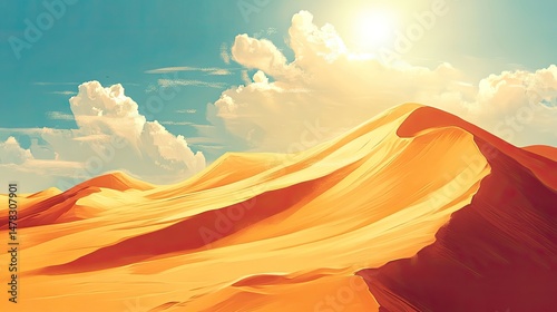 Golden sand dunes under bright sun in clear blue sky. Wavy textures cast soft shadows across vast desert landscape. Dry, hot, and timeless environment. Generative by AI