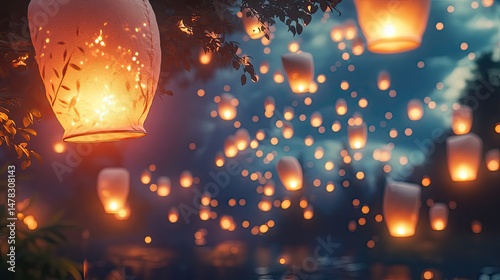Hundreds of glowing sky lanterns rise over river at sunset. Reflections shimmer in water as people release lanterns during nighttime celebration. Generative by AI