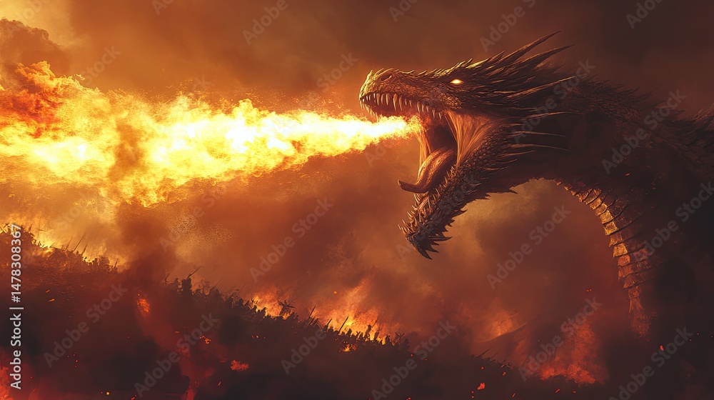 Giant dragon breathes fire across battlefield, wings spread wide over burning landscape. Flames engulf the ground as smoke rises into dark, stormy sky. Generative by AI Giant dragon breathes fire across battlefield, wings spread wide over burning landscape. Flames engulf the ground as smoke rises into dark, stormy sky. Generative by AI
