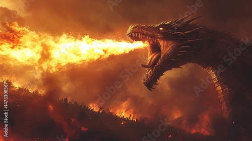Giant dragon breathes fire across battlefield, wings spread wide over burning landscape. Flames engulf the ground as smoke rises into dark, stormy sky. Generative by AI