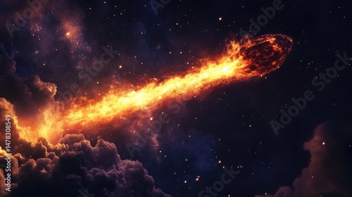 Fiery meteor streaks across night sky, glowing brightly against backdrop of stars and cosmic clouds. Trails of fire and light cut through darkness of space. Generative by AI