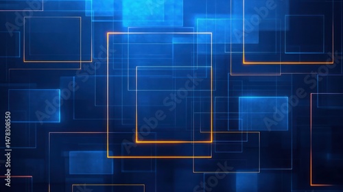 Abstract digital background with overlapping glowing squares in blue and orange tones creating a futuristic and technological atmosphere