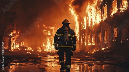 Firefighter in full gear walks toward burning building engulfed in flames. Thick smoke and flying embers fill the scene, capturing the intensity of emergency response. Generative by AI