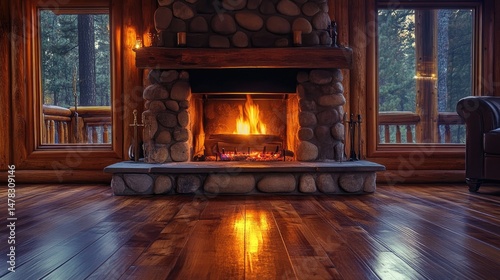 Stone fireplace with burning logs glows warmly in rustic wooden cabin interior. Cozy furniture, warm lighting, and snow outside create a serene and inviting winter retreat. Generative by AI