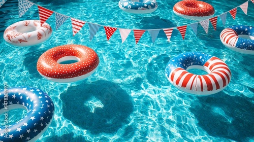 Wallpaper Mural Patriotic Summer Pool Party Fun Inflatable Rings Festive Decorations Red White Blue Stars Stripes Design Summertime Relaxation Vacation Holiday        Torontodigital.ca