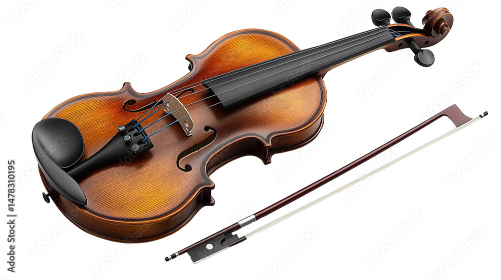 Fototapeta premium Classic wooden violin and matching bow isolated on transparent background.