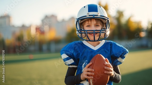 Smiling Young American Football Player Child Kid Boy in Blue Uniform Holding Ball on Green Field Happy Active Sport Game Season fun team hope youth   