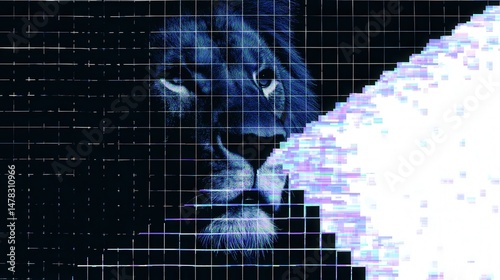 The Lion's Gaze: A striking digital artwork showcases a lion's majestic face, with a pixelated design that blends light and shadow, creating a bold statement of power and intensity.