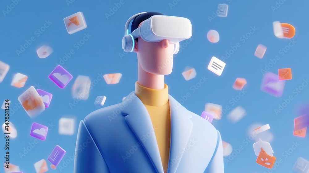 A sleek virtual reality interface showing an animated AGI character wearing headphones surrounded by floating icons representing memes and cultural symbols conducting trades in realtime